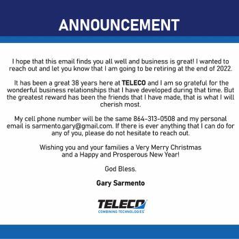 Retirement Announcement From Gary Sarmento
